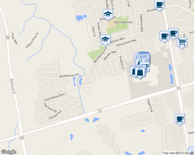 map of restaurants, bars, coffee shops, grocery stores, and more near 50 Mynden Way in Newmarket