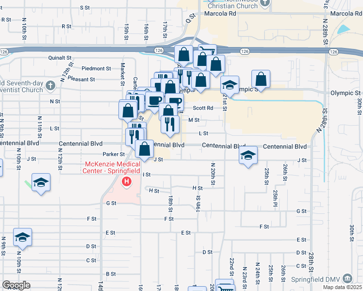 map of restaurants, bars, coffee shops, grocery stores, and more near 1505 North 18th Street in Springfield