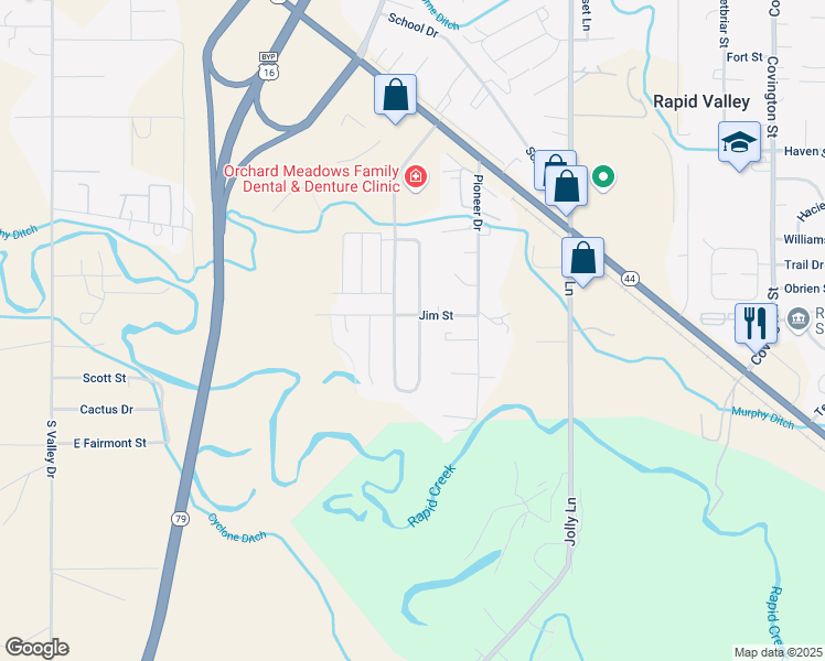 map of restaurants, bars, coffee shops, grocery stores, and more near 3601-3639 Jim Street in Rapid City
