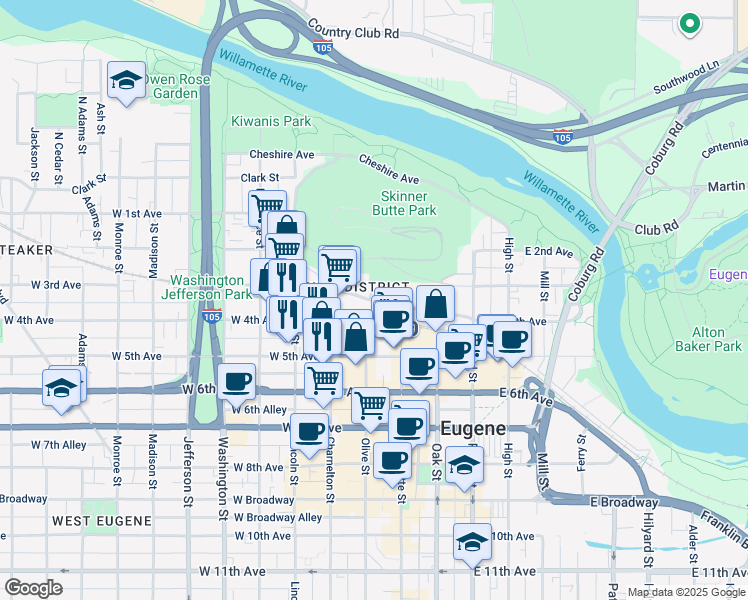 map of restaurants, bars, coffee shops, grocery stores, and more near 303 Willamette Street in Eugene
