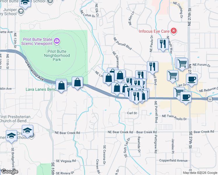 map of restaurants, bars, coffee shops, grocery stores, and more near 571 Northeast Azure Drive in Bend