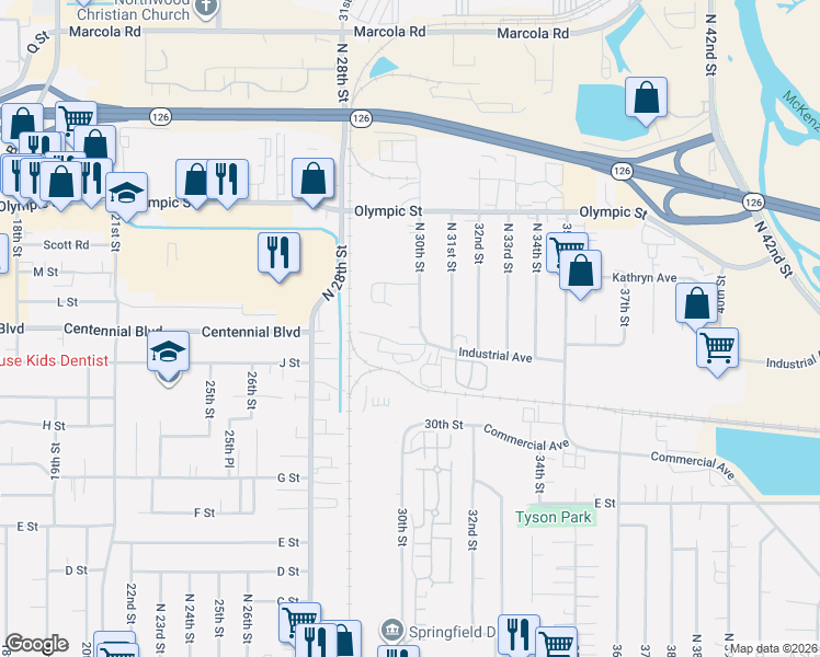 map of restaurants, bars, coffee shops, grocery stores, and more near 1206 North 30th Street in Springfield