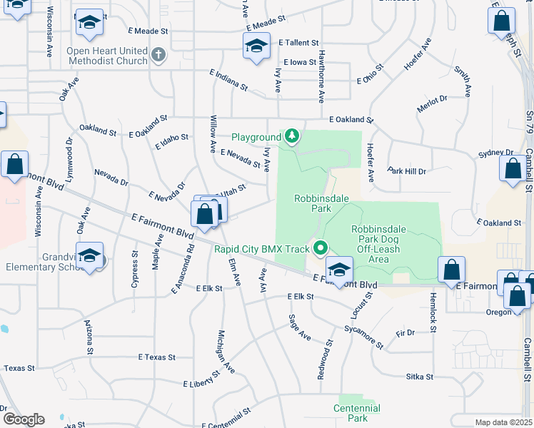 map of restaurants, bars, coffee shops, grocery stores, and more near 433 East Fairlane Drive in Rapid City