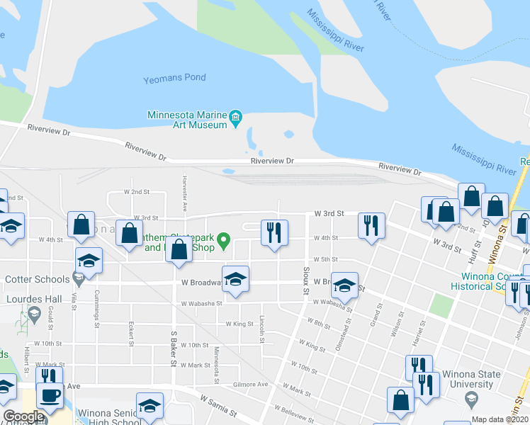 map of restaurants, bars, coffee shops, grocery stores, and more near 730 West 3rd Street in Winona