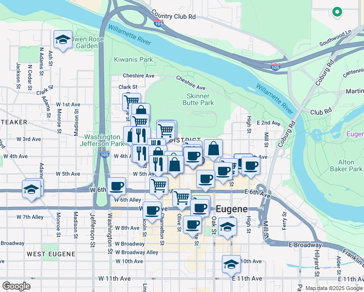 map of restaurants, bars, coffee shops, grocery stores, and more near 303 Willamette Street in Eugene