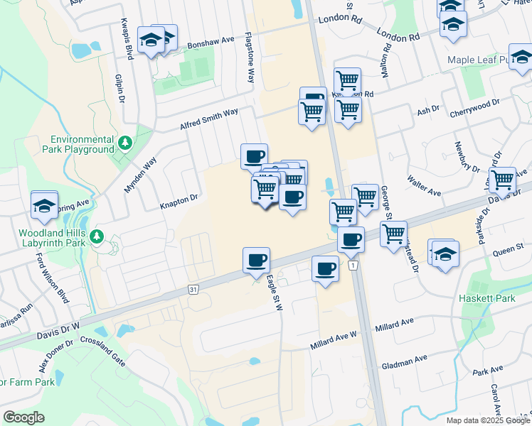 map of restaurants, bars, coffee shops, grocery stores, and more near 17600 Yonge Street in Newmarket