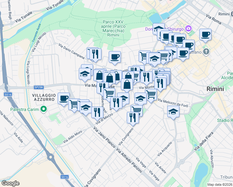 map of restaurants, bars, coffee shops, grocery stores, and more near 20 Via Marecchiese in Rimini