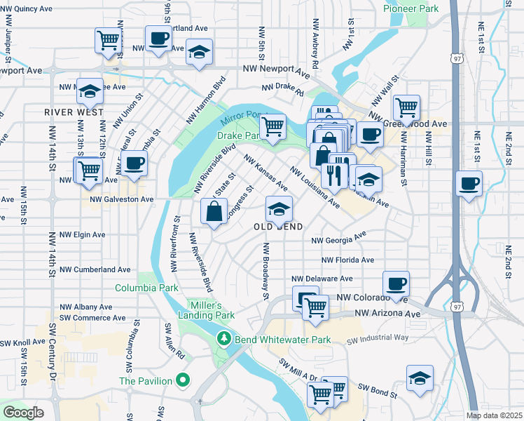 map of restaurants, bars, coffee shops, grocery stores, and more near 7 Northwest Tumalo Avenue in Bend
