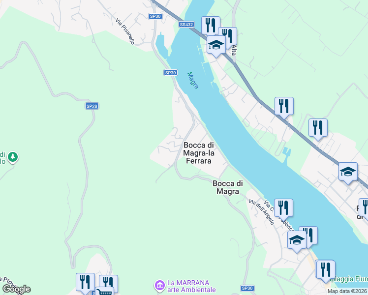 map of restaurants, bars, coffee shops, grocery stores, and more near 67 Via della Pace in Bocca di Magra-la Ferrara