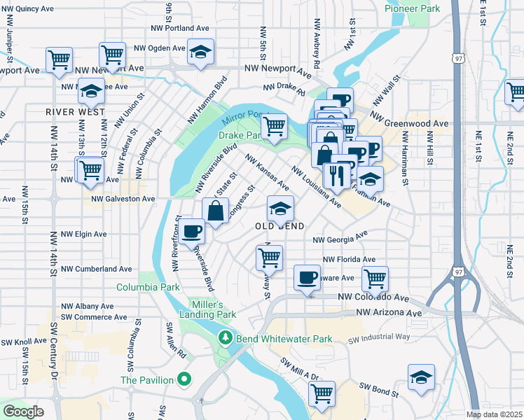 map of restaurants, bars, coffee shops, grocery stores, and more near 7 Northwest Tumalo Avenue in Bend
