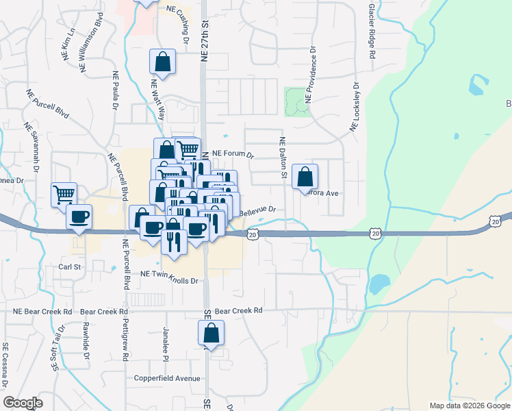 map of restaurants, bars, coffee shops, grocery stores, and more near 488 Northeast Bellevue Drive in Bend