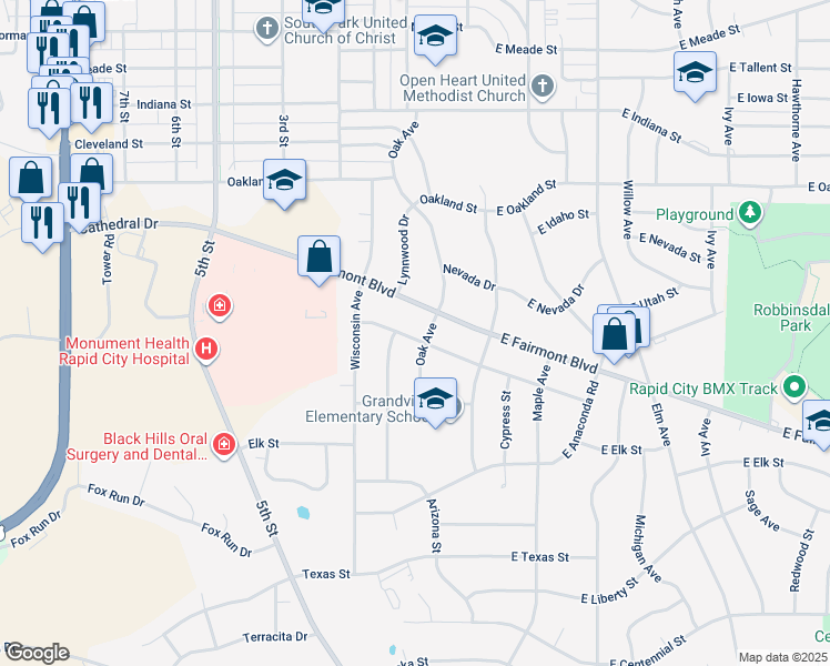 map of restaurants, bars, coffee shops, grocery stores, and more near 104 Montana Street in Rapid City