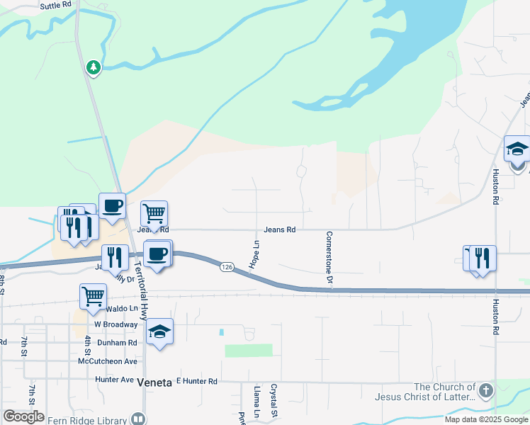 map of restaurants, bars, coffee shops, grocery stores, and more near Todd Way in Veneta