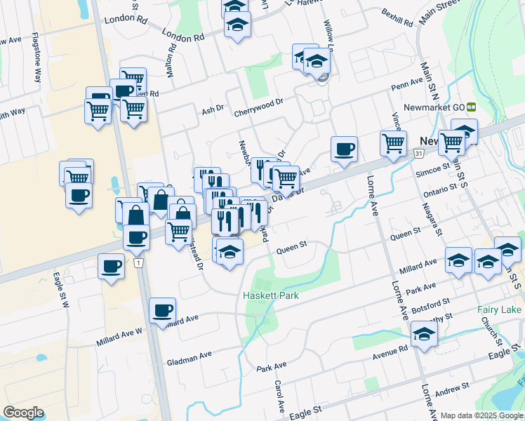 map of restaurants, bars, coffee shops, grocery stores, and more near in Newmarket