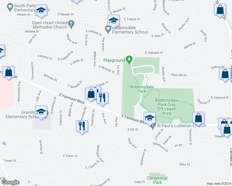 map of restaurants, bars, coffee shops, grocery stores, and more near 433 East Fairlane Drive in Rapid City