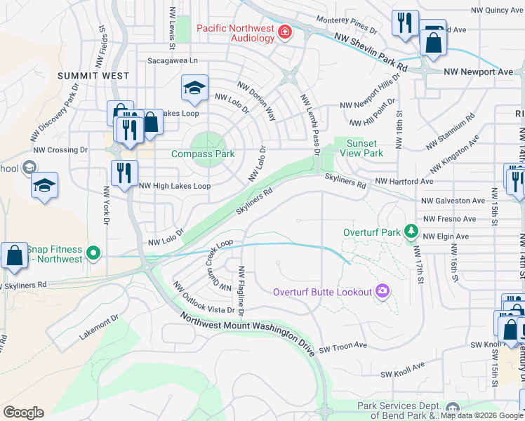 map of restaurants, bars, coffee shops, grocery stores, and more near 405 Northwest Flagline Drive in Bend