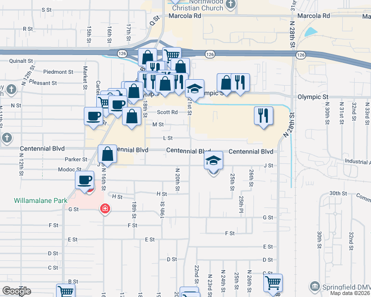 map of restaurants, bars, coffee shops, grocery stores, and more near 1255 21st Street in Springfield