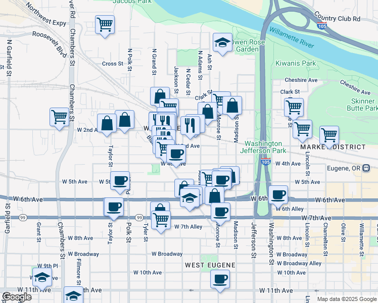 map of restaurants, bars, coffee shops, grocery stores, and more near 310 Jackson Street in Eugene