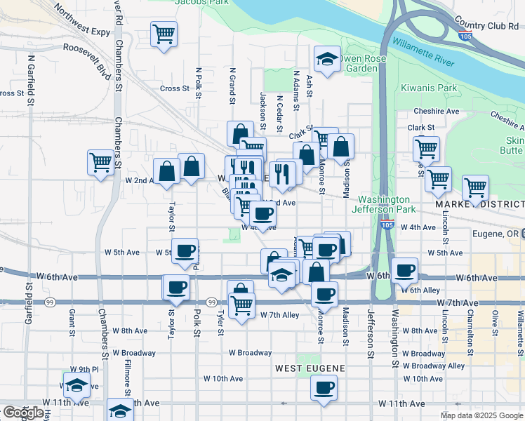 map of restaurants, bars, coffee shops, grocery stores, and more near 310 Jackson Street in Eugene