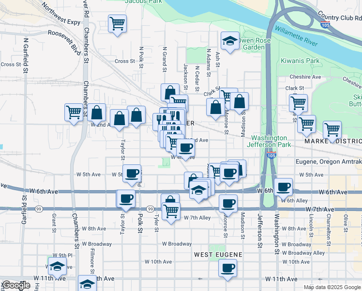 map of restaurants, bars, coffee shops, grocery stores, and more near 1080 West 3rd Avenue in Eugene
