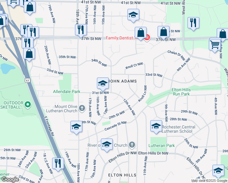 map of restaurants, bars, coffee shops, grocery stores, and more near 3112 15th Avenue Northwest in Rochester