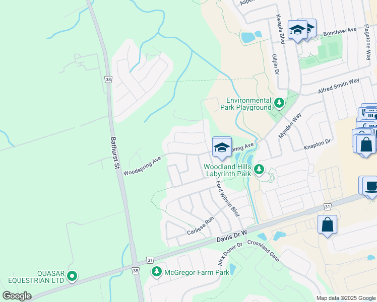 map of restaurants, bars, coffee shops, grocery stores, and more near 225 Woodspring Avenue in Newmarket