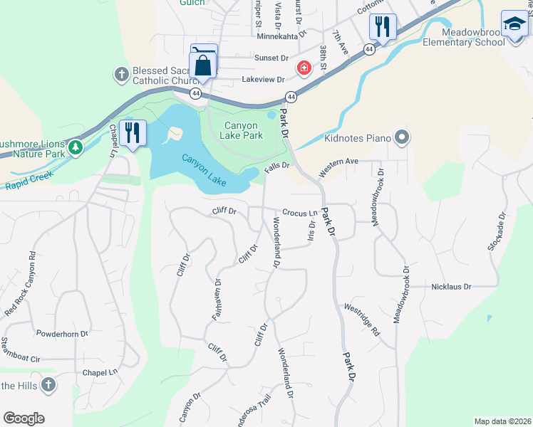 map of restaurants, bars, coffee shops, grocery stores, and more near 3998 Crocus Lane in Rapid City