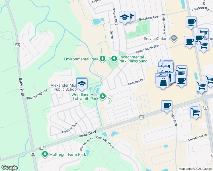 map of restaurants, bars, coffee shops, grocery stores, and more near 92 Memorial Gardens Way in Newmarket