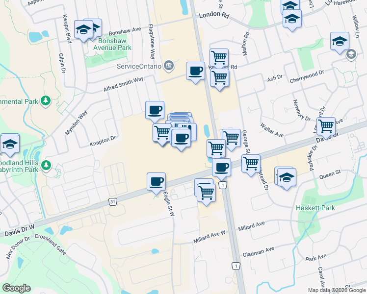 map of restaurants, bars, coffee shops, grocery stores, and more near 17600 Yonge Street in Newmarket