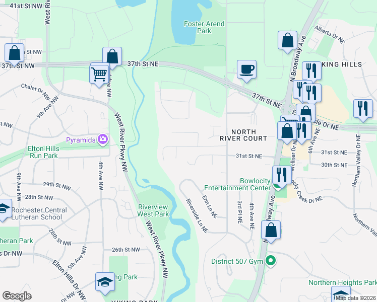 map of restaurants, bars, coffee shops, grocery stores, and more near 151 River Court Northeast in Rochester