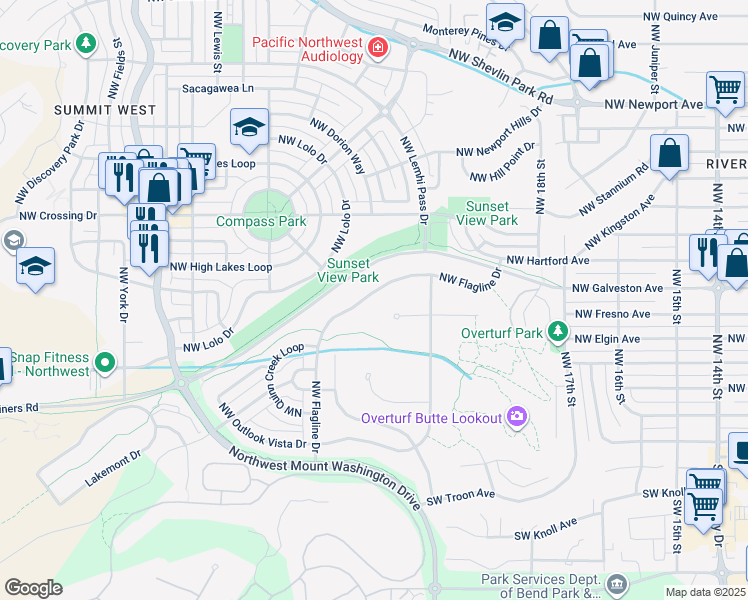 map of restaurants, bars, coffee shops, grocery stores, and more near 453 Northwest Flagline Drive in Bend