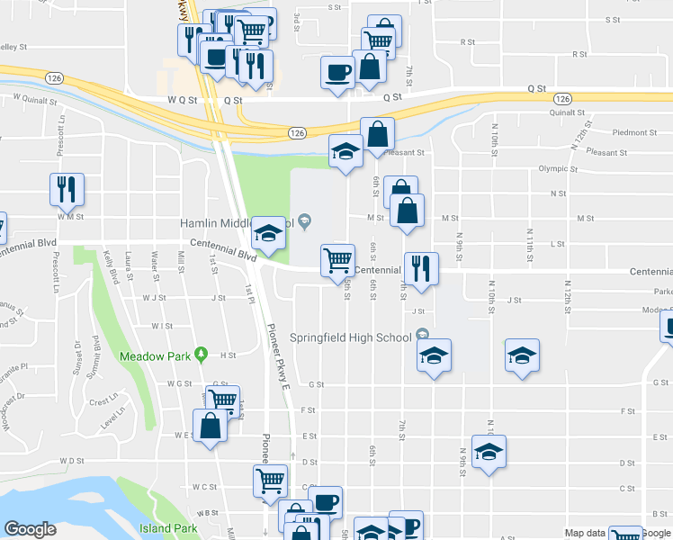 map of restaurants, bars, coffee shops, grocery stores, and more near 485 Centennial Boulevard in Springfield