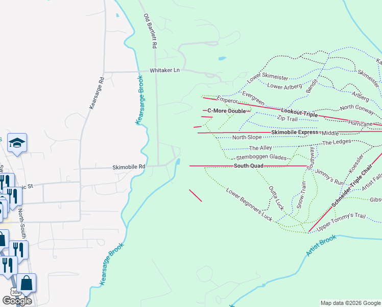 map of restaurants, bars, coffee shops, grocery stores, and more near 239 Skimobile Road in Conway
