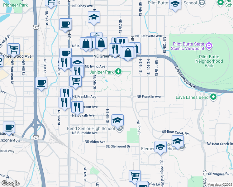 map of restaurants, bars, coffee shops, grocery stores, and more near 658 NE Franklin Ave in Bend