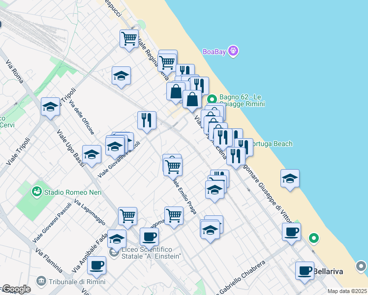 map of restaurants, bars, coffee shops, grocery stores, and more near 17 Via del Giglio in Rimini