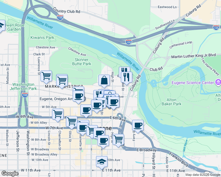 map of restaurants, bars, coffee shops, grocery stores, and more near 320 High Street in Eugene