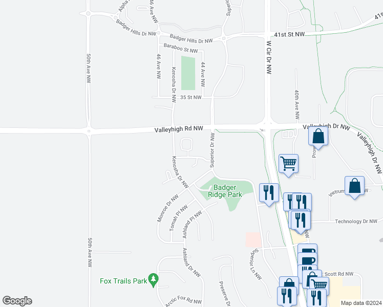 map of restaurants, bars, coffee shops, grocery stores, and more near 4445 Portage Street Northwest in Rochester