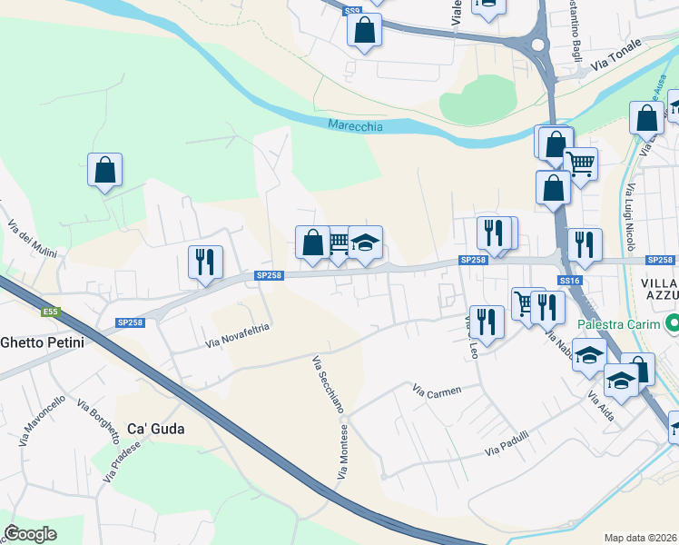 map of restaurants, bars, coffee shops, grocery stores, and more near 262 Via Marecchiese in Rimini