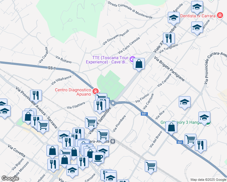 map of restaurants, bars, coffee shops, grocery stores, and more near 173 Viale XX Settembre in Carrara