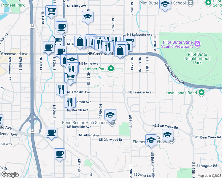 map of restaurants, bars, coffee shops, grocery stores, and more near 658 Northeast Franklin Avenue in Bend