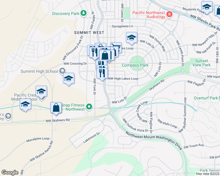 map of restaurants, bars, coffee shops, grocery stores, and more near 742 Northwest Mount Washington Drive in Bend