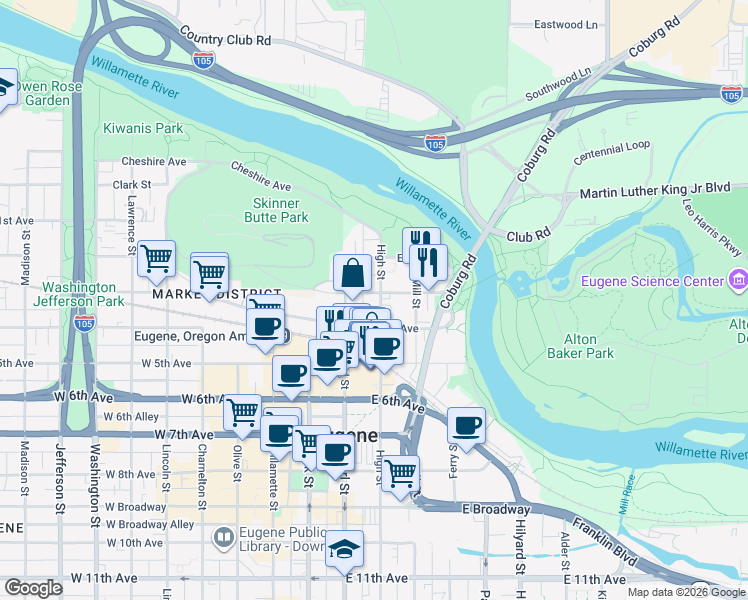 map of restaurants, bars, coffee shops, grocery stores, and more near 306 High Street in Eugene