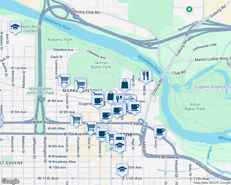 map of restaurants, bars, coffee shops, grocery stores, and more near 298 Pearl Street in Eugene
