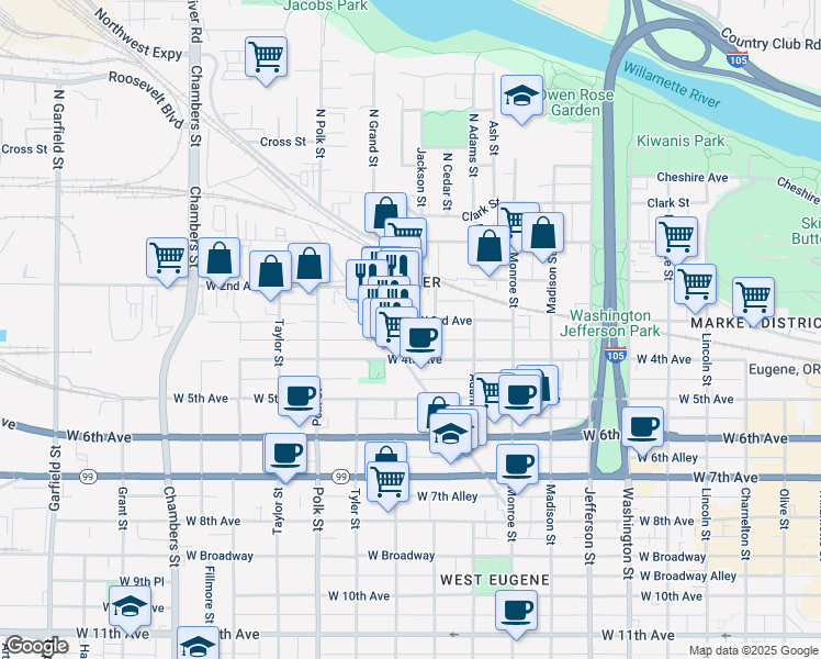 map of restaurants, bars, coffee shops, grocery stores, and more near 1080 West 3rd Avenue in Eugene
