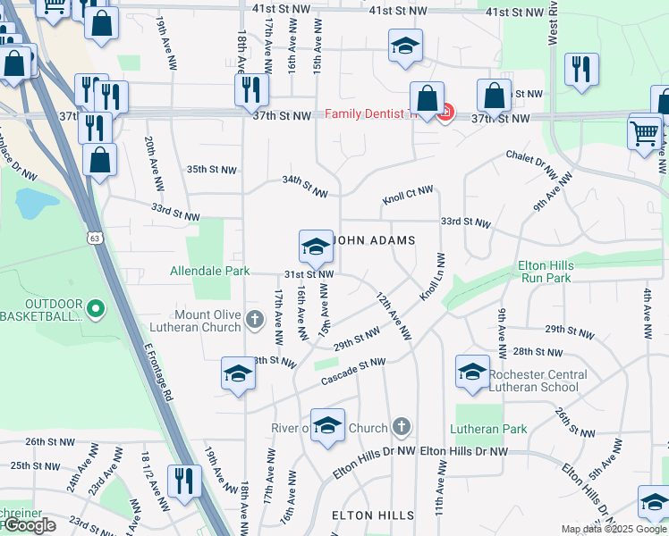 map of restaurants, bars, coffee shops, grocery stores, and more near 3112 15th Avenue Northwest in Rochester