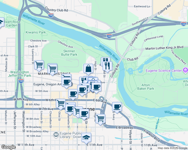 map of restaurants, bars, coffee shops, grocery stores, and more near 306 High Street in Eugene