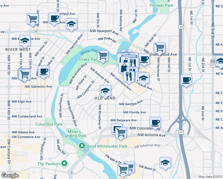 map of restaurants, bars, coffee shops, grocery stores, and more near 529 Northwest Wall Street in Bend