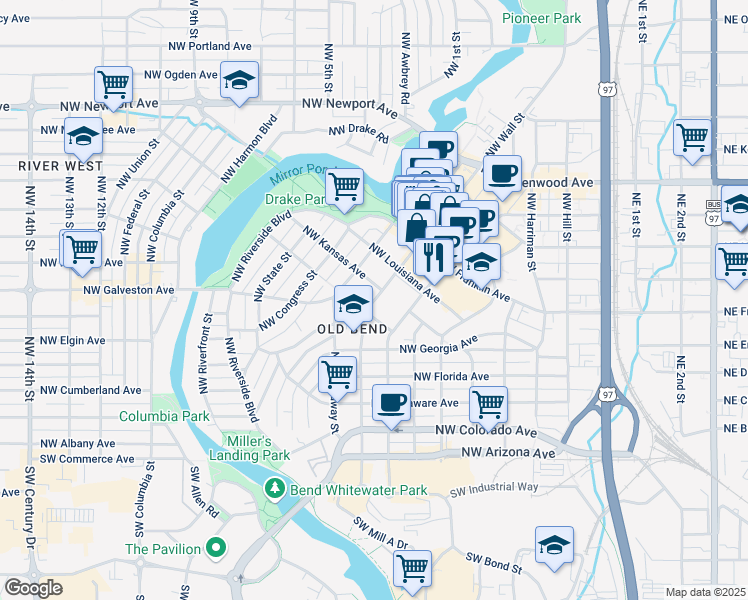 map of restaurants, bars, coffee shops, grocery stores, and more near 529 Northwest Wall Street in Bend