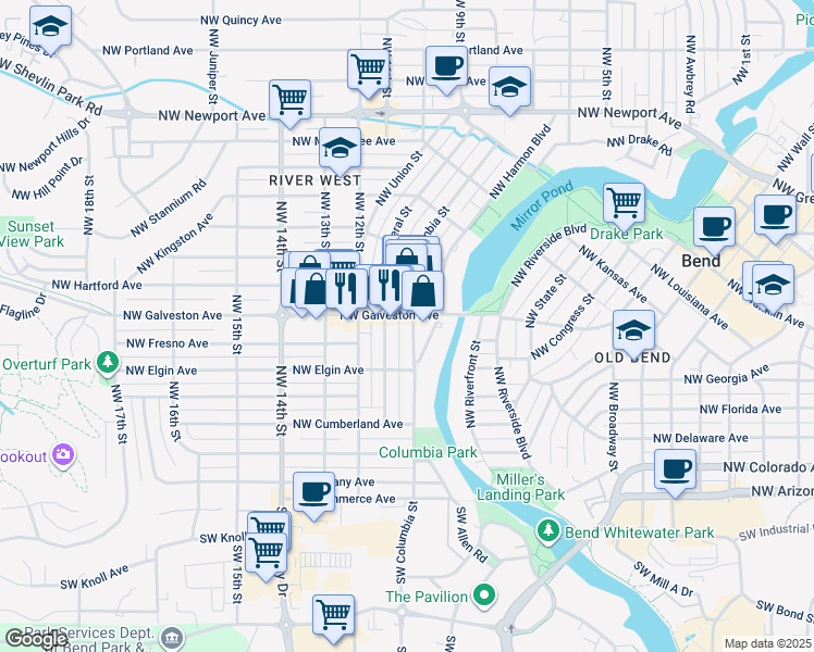 map of restaurants, bars, coffee shops, grocery stores, and more near 651 Northwest Columbia Street in Bend