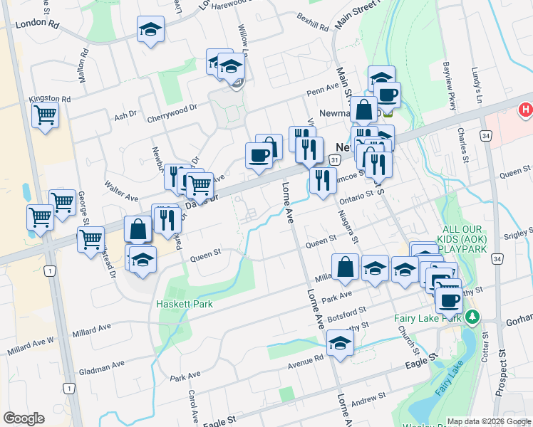 map of restaurants, bars, coffee shops, grocery stores, and more near 270 Davis Drive in Newmarket